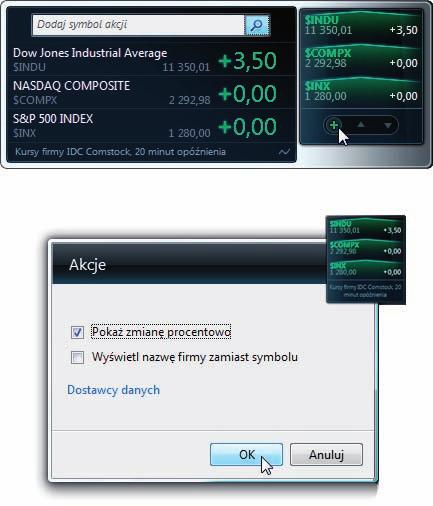 Windows Vista PL. Zabawa z multimediami Rozdział 3. Stosowanie gadżetu Akcje Jeśli masz jakieś akcje na giełdzie, to wiesz, jak ciężko jest się oprzeć pokusie sprawdzenia ostatnich notowań.