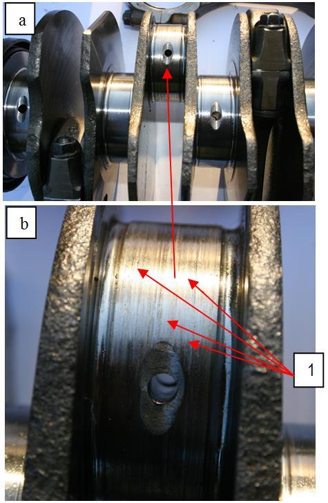 Czop korbowodowy wału korbowego z widocznymi zarysowaniami i uszkodzeniami warstwy wierzchniej przedstawiony jest na rys. 5.