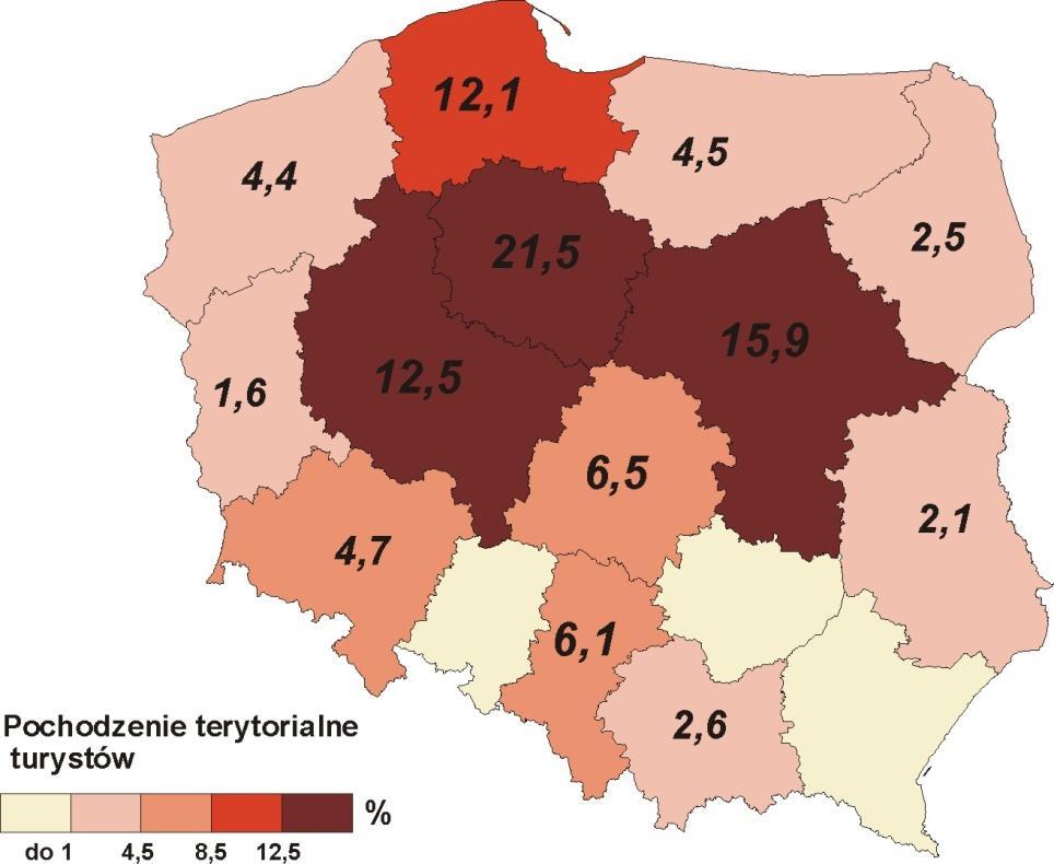 Rycina 19. Pochodzenie terytorialne turystów według województw Wśród osób które zadeklarowały realizację tzw.