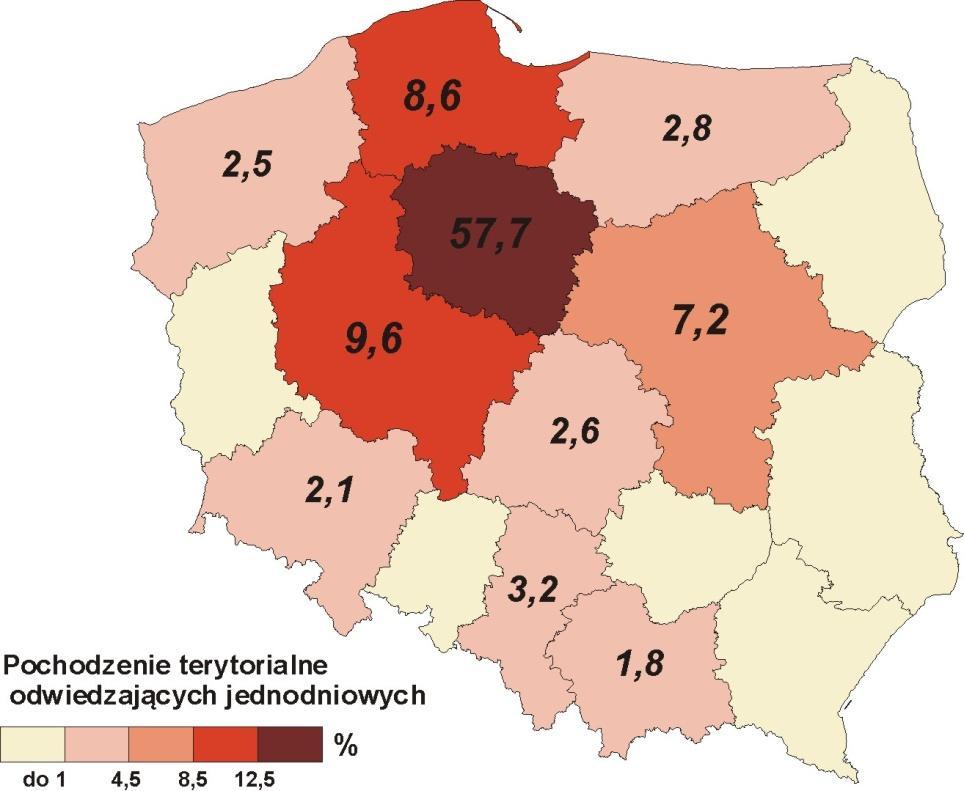 Rycina 20. Pochodzenie terytorialne odwiedzających jednodniowych według województw Tab. 8.