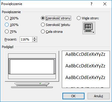 Układ wstążki pod kartą Widok Widok strony można ustawić za pomocą polecenia Powiększenie (ikona lupy).