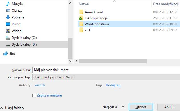 [6/23] [Ms Word] 4 5 6 Rysunek 14. Zapisywanie dokumentu w odpowiednim katalogu 1. Klikamy przycisk Zapisz w prawym dolnym rogu okna. Rysunek 15.
