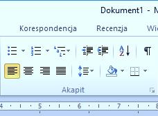 W grupie tej mamy następujące przyciski: Wyrównaj tekst do lewej (ustawienie domyślne) wszystkie wiersze akapitu, w którym jest punkt wstawiania (pionowa migająca kreska), zostaną wyrównane do lewego