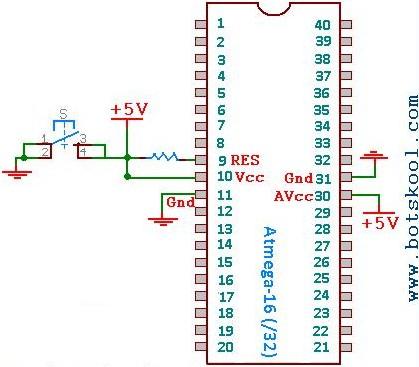 liczby komponentów zewnętrznych. Poniżej na rysunku przedstawiono minimalną konfigurację układu AVR ATMega, która umożliwia jego poprawną pracę w układzie elektronicznym.