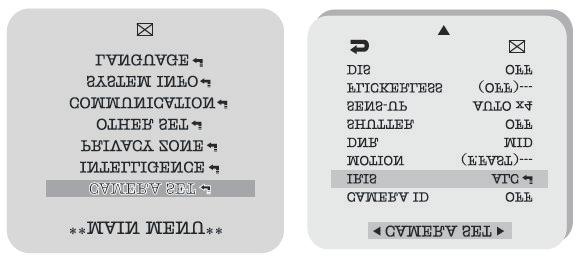 Wejście do Menu 1) Wciśnij przycisk aby wejść w menu kamery. 2) Wybierz żądaną funkcję używając przycisków GÓRA / DÓŁ Nazwa kamery (CAMERA ID): ON/OFF W tym menu można wpisć unikalną nazwę kamery.