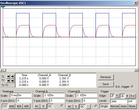 Rys. 16. Układ RC z oscyloskopem Oscyloskop w programie MultiSim (rys. 16) jest standardowym dwukanałowym oscyloskopem analogowym z pewnymi funkcjami oscyloskopu cyfrowego.