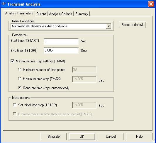 Analizę Transient uruchamia się z zakładki Simulate Analysis Transient Analysis. Na ekranie pojawiają się pola ustawień (rys. 18a, 18b), na których ustala się parametry obserwacji przebiegu czasowego.