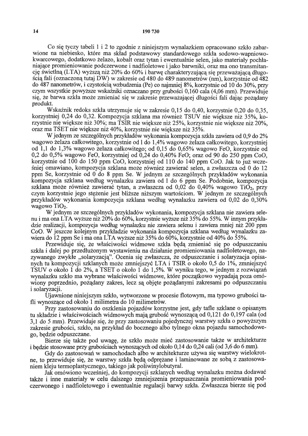 14 19 73 Co się tyczy tabeli 1 i 2 to zgodnie z niniejszym wynalazkiem opracowano szkło zabarwione na niebiesko, które ma skład podstawowy standardowego szkła sodowo-wapniowokwarcowego, dodatkowo