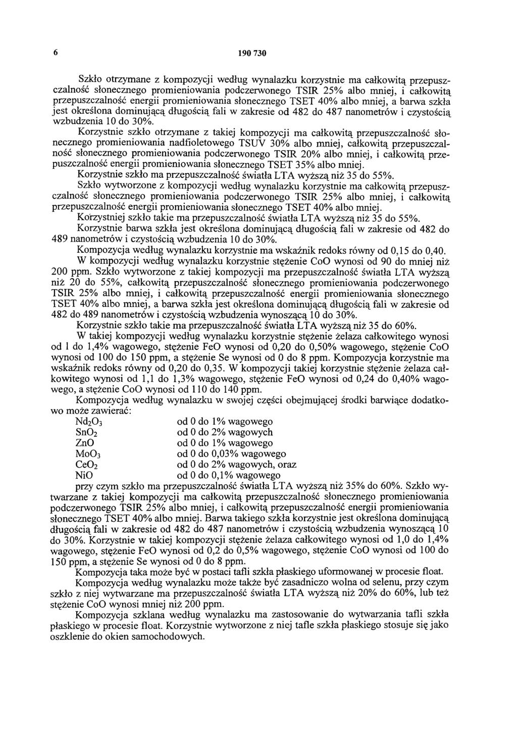 6 19 73 Szkło otrzymane z kompozycji według wynalazku korzystnie ma całkowitą przepuszczalność słonecznego promieniowania podczerwonego TSIR 25% albo mniej, i całkowitą przepuszczalność energii