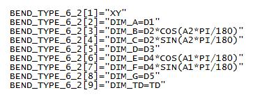 wymiary czwartego ramienia D4. inp Poniższy przykład mapuje wewnętrzny typ gięcia 4 na identyfikator typu gięcia A, jeśli wymiary D1 i D3 są takie same. W przeciwnym razie mapuje 4 na B.