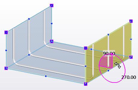 Tekla Structures wyświetl symbol okręgu. Przeciągnij symbol okręgu lub zacznij wpisywać kąt obrotu.