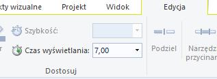 Możemy także ustalić czas trwania przejścia. Dodatkowo (razem z przejściem lub bez definicji przejścia) możemy dodać efekt Wykadruj dostępny również na zakładce Animacje.