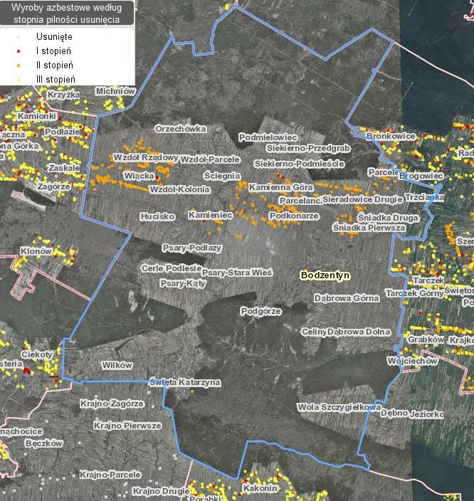 Mapa 4 Obszary Miasta i Gminy Bodzentyn na których występuje azbest Źródło: http://esip.bazaazbestowa.gov.pl/geoserwis.