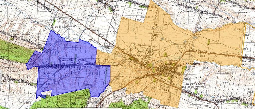 3 Zasięg przestrzenny obszaru/obszarów rewitalizacyjnych Rewitalizacja będzie realizowana na 2 obszarach: miasto Bodzentyn (obszar 1 kolor kremowy), sołectwo Psary Stara