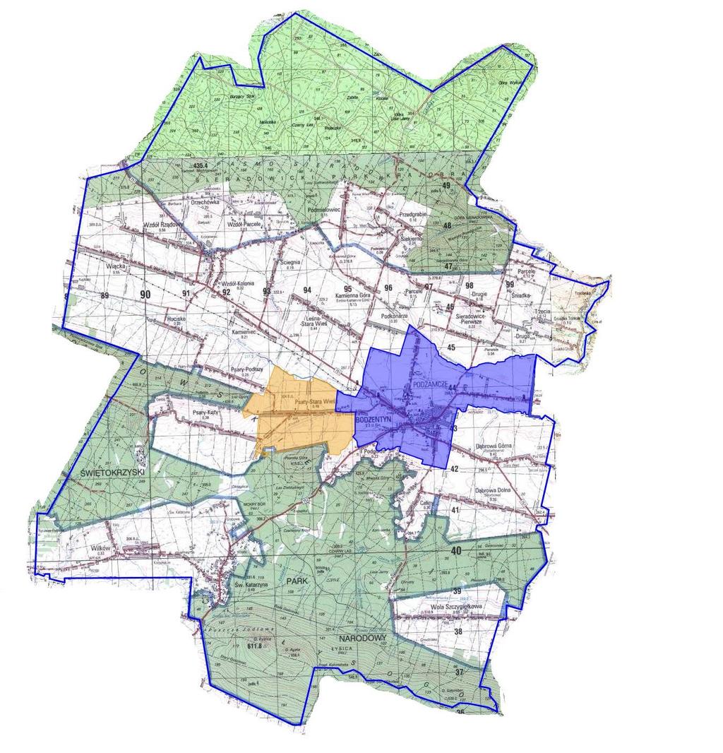 Mapa 12 Miasto Bodzentyn (kolor niebieski) i sołectwo Psary Stara Wieś (kolor kremowy) obszary