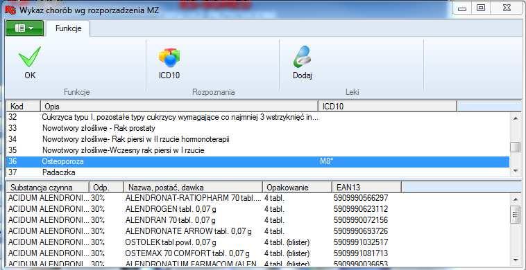 W okienku az chorób wg rozporządzenia MZ, które dostępne jest w module Kartoteki w menu Leki istniała możliwość skojarzenia danej choroby z