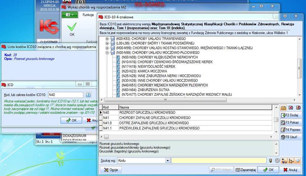 Dla danej choroby można wprowadzić kilka opisów przy czym mogą być one różnorodne, to znaczy zarówno mogą być to pojedyncze kody ICD10, zakres kodów jak i maski.