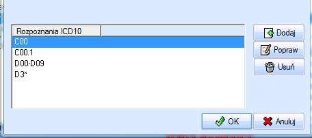 Jak więc widać konkretna choroba może mieć zdefiniowanych wiele kodów ICD10 wszystkie one będą analizowane, w sytuacji, gdy system będzie próbował skojarzyć rozpoznanie z recepty z konkretną