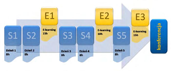 Rysunek 1. Schemat szkolenia e-belfer S kurs realizowany metodą stacjonarną, podzielony na poszczególne moduły kursu oznaczone odpowiednio S1, S2, S3, S4, S5.