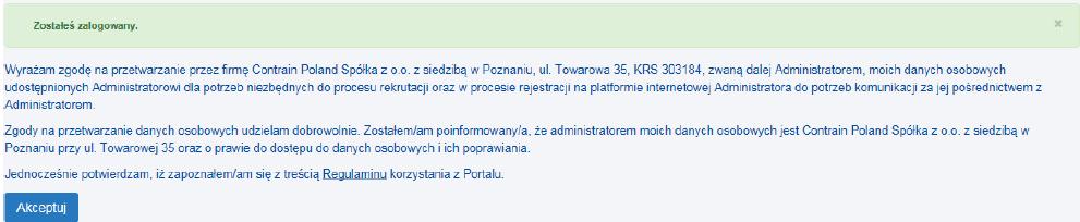 Po zalogowaniu należy wyrazić zgodę na przetwarzanie danych osobowych oraz zaakceptować regulamin.