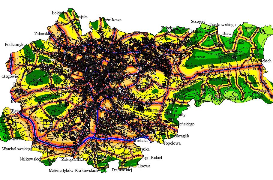 Mapa akustyczna Krakowa (hałas drogowy) Rysunek 136. Źródło: Dane UMK. Zbyt mała ilość terenów zielonych Odsetek mieszkańców wskazujących na ZBYT MAŁĄ ILOŚĆ TERENÓW ZIELONYCH Rysunek 137.