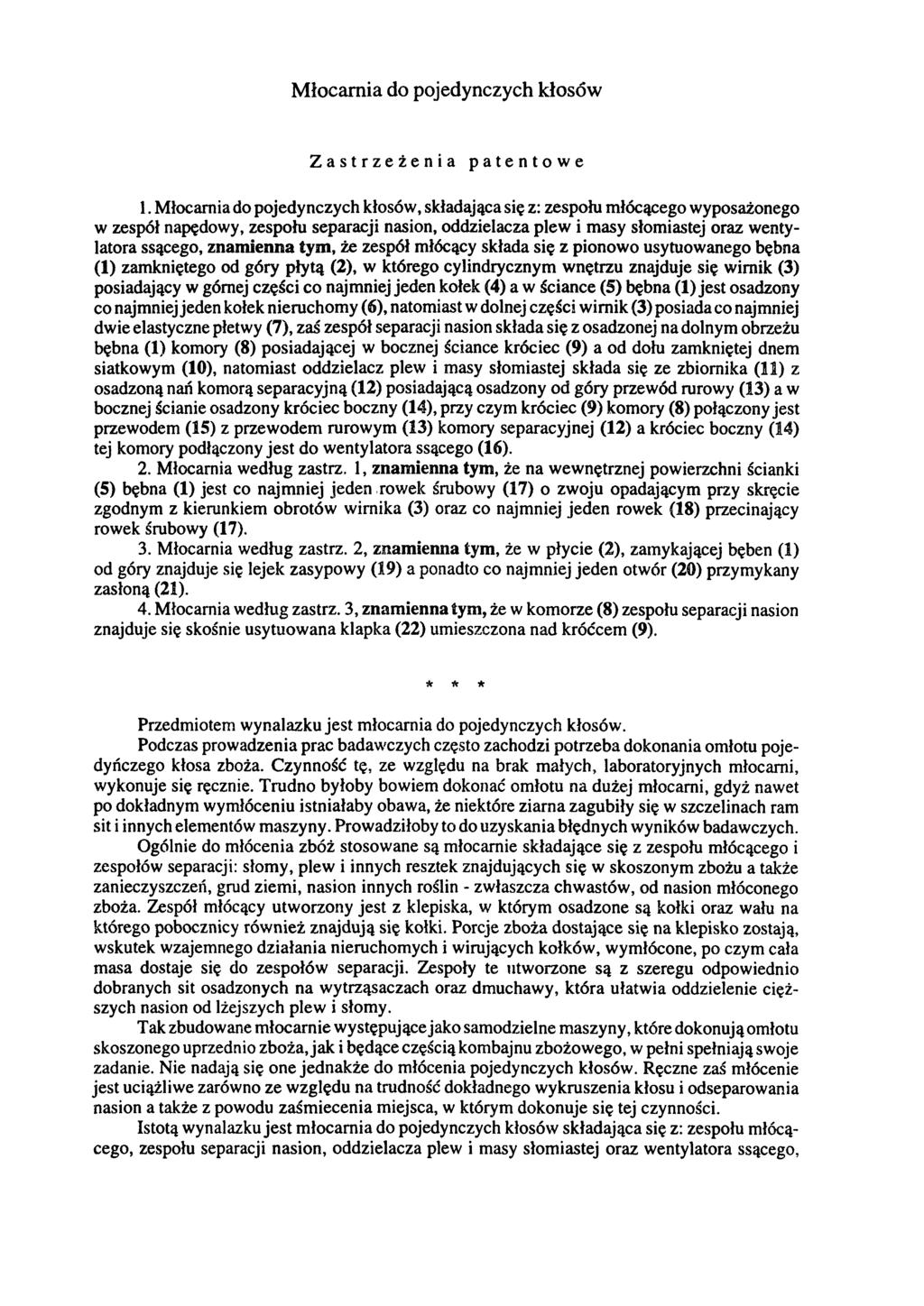 Młocamia do pojedynczych kłosów Zastrzeżenia patentowe 1.