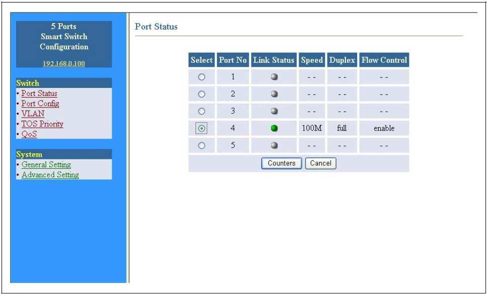 7. Konfiguracja Menu strony konfiguracyjnej zawiera następujące opcje: Switch Port Status Port Config VLAN TOS Priority QoS informacje o pracy portów (prędkość transmisji:10/100, tryb: