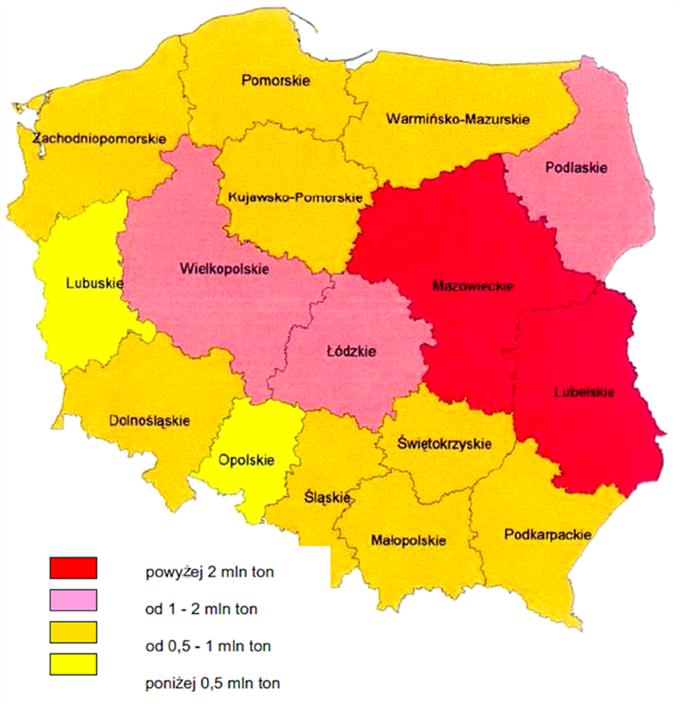 Rysunek.1. Nagromadzenie wyrobów zawierających azbest w układzie wojewódzkim (dane wyjściowe PUA 20022032) (źródło Program usuwania ) c. Cele Programu POKzA 2009-2032 Główne cele Programu to: 1.