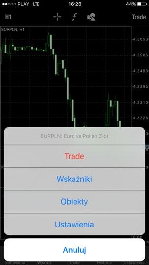 złożyć zlecenie bezpośrednio z zakładki Notowania należy wskazać i przytrzymać wiersz instrumentu, na którym chcemy zawrzeć transakcję, a