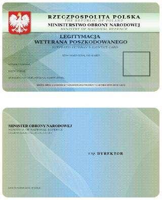 Wzór nr 39 do 36 WZÓR LEGITYMACJI WETERANA POSZKODOWANEGO Legitymacja pozioma, o wymiarach 54 mm x 86 mm, o krawędziach zaokrąglonych, koloru jasnoniebieskiego cieniowanego z naniesionymi liniami