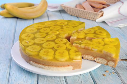 Lekki deser bananowy - VIDEO Kostka do pieczenia Kasia - 125 gramów banany - 6 sztuk galaretka cytrynowa - 4 sztuki sok z 1 cytryny - 1 sztuka biszkopty podłużne - 1 opakowanie 15 minut Łatwe 0 minut