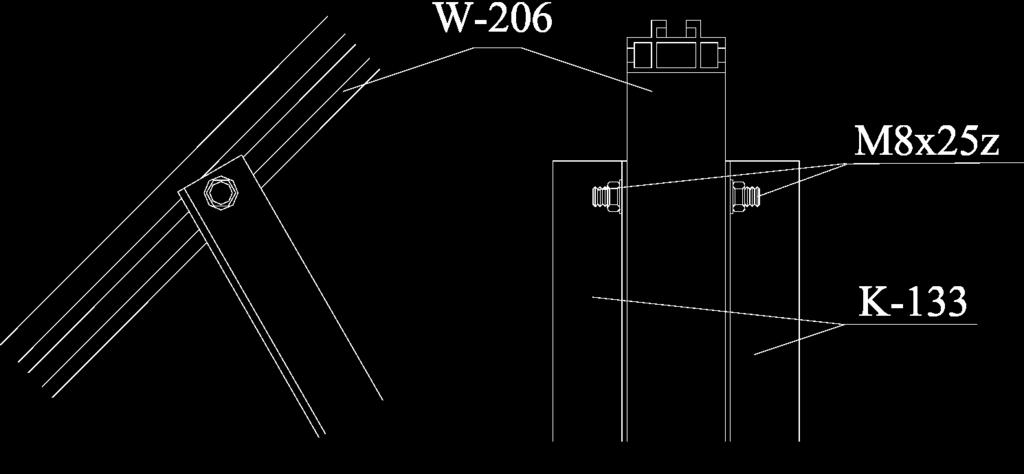 Podnieść ramę powstałą z połączenia łącznika przedniego W-200 z górnym W-200 za pośrednictwem łączników nośnych W-206, ustawić pod wymaganym kątem i połączyć z