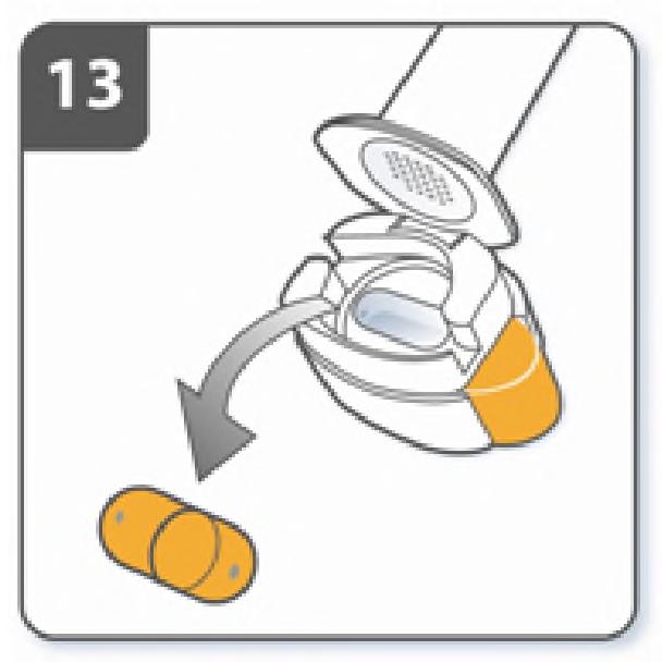 Następnie wykonać wydech. Otworzyć inhalator, aby sprawdzić, czy wewnątrz pozostał jeszcze proszek w kapsułce. Jeśli proszek pozostał w kapsułce: Zamknąć inhalator. Powtórzyć czynności od 9 do 12.