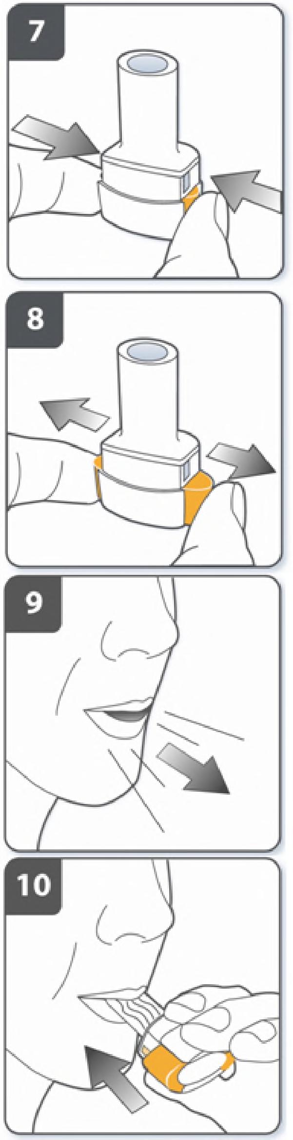 Nie dmuchać do ustnika. Zainhalować lek: Aby zainhalować lek głęboko do dróg oddechowych: Trzymać inhalator w sposób pokazany na rysunku.