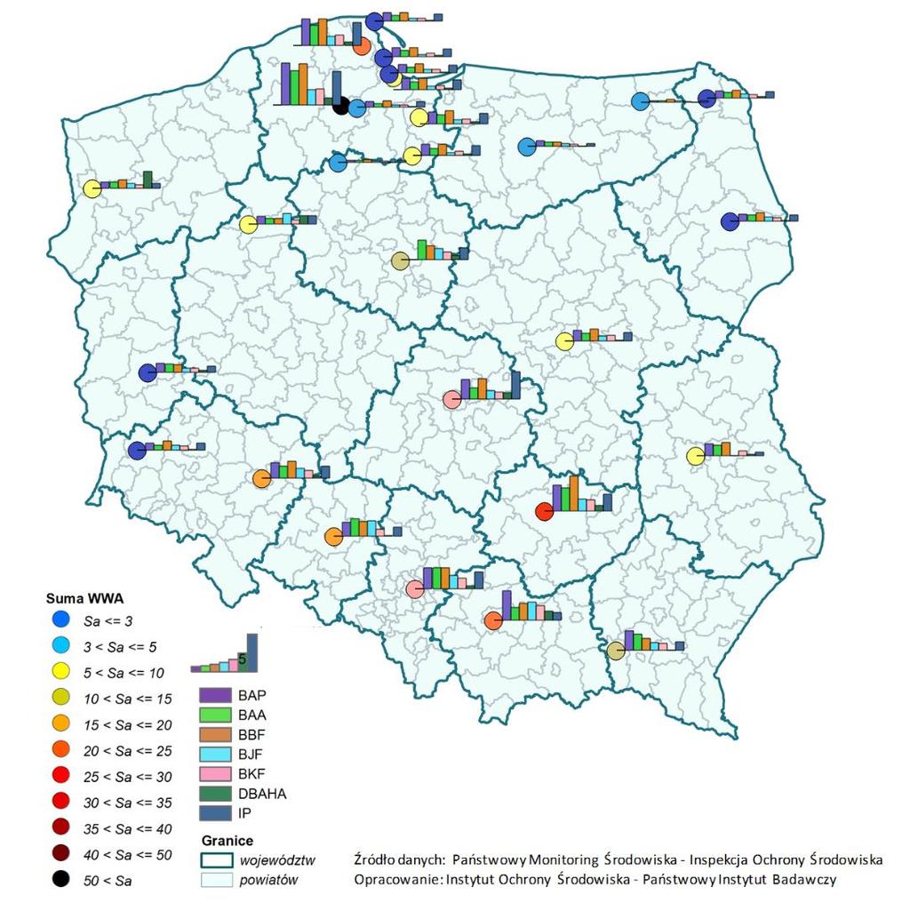 sumy WWA zarejestrowano na stacjach w Kościerzynie w woj. pomorskim (44.8 ng/m 3 ) i w Kielcach (30.5 ng/m 3 ).