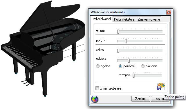 aby sprawdzić efekt można zapalić światła przyciskiem (wszystkie nadane właściwości staną się wtedy widoczne); po ustaleniu właściwości należy zapisać pale-tę, klikając przycisk Za-pisz paletę w