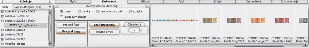 4. Nanoszenie dekoracji Kolejna zakładka dolnego paska - Dekoracje (Rys. 209) - służy do zaawansowanego układania płytek dekoracyjnych (tzw. dekorów). Rys.