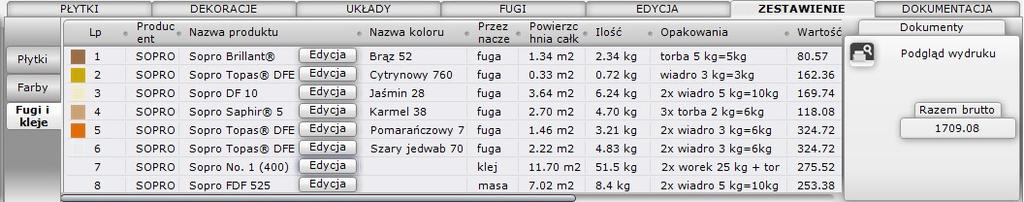 6.2.2. Zestawienie produktów Sopro zakładka Zestawienie prezentuje listy użytych w projekcie płytek ceramicznych i innych okładzin, farb Tikkurila oraz fug i klejów Sopro (Rys. 217), Rys.