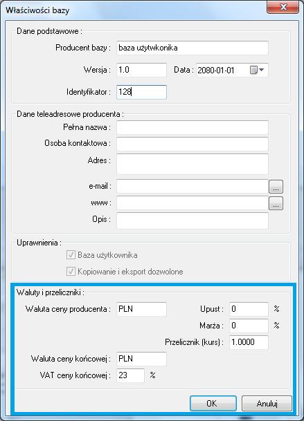 238 - żądanie potwierdzenia usunięcia płytki z bazy użytkownika - Ustawianie walut i przeliczników - otwiera okno Właściwości bazy, w którym można zmienić rodzaj waluty (ceny producenta i ceny