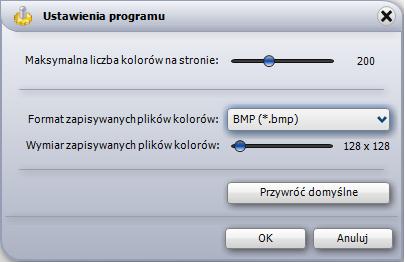 Funkcja Ustawienia służy do regulowania ilości kolorów wyświetlanych jednocześnie na stronie, czyli na liście w jednej zakładce (od 20 do 500) oraz do modyfikowania rozmiaru (rozdzielczości) plików,