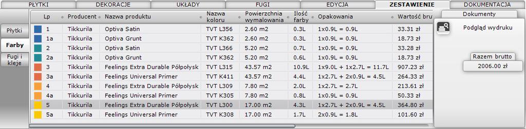 Dodatkowo dla produktów, dla których wymagane jest użycie podkładu, w zestawieniu pojawia litera a (np. 2a ). Oznacza ona wymagany środek gruntujący, dostępny w ofercie producenta. 7.