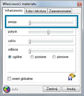 W nowo otwartym oknie Właściwości elementu w zakładce Właściwości pierwszy suwak od góry odpowiada właśnie za nadawanie emisji (Rys. 280). Rys.