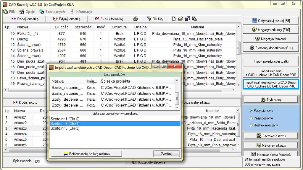 Rys. 360 importowanie formatek i przykładowych arkuszy dla szaf wnękowych z programu CAD Decor Po zaznaczeniu szafy i