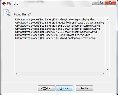 W tym momencie można również wybrać czy konwertowane mają być pliki DWG czy DXF. Po kliknięciu Dalej > wyświetli się lista plików odnalezionych we wskazanym katalogu (Rys. 51).