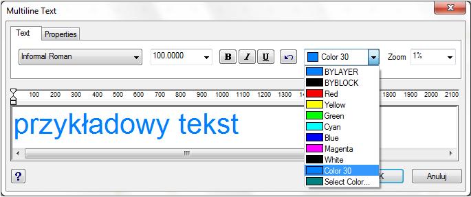 Aby wstawić tekst do projektu należy: kliknąć ikonę Tekst na pasku Rysowanie ; wyznaczyć kursorem obszar w którym tekst ma zostać wpisany (ramką - przez wskazanie dwóch punktów); otworzy się okno