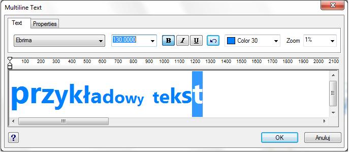 78 - okno Multiline Text - zakładka Properties końcu wersu) oraz kąt obrotu. po wpisaniu tekstu i wybraniu ustawień, kliknąć przycisk Ok ; tekst zostanie wyświetlony we wskazanym miejscu w projekcie.