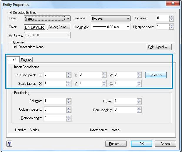 Najważniejszymi z nich są Insert Coordinates (pl.: współrzędne wstawienia) w tym osie X, Y, Z w polu Insertion Point (pl.: punkt wstawienia) i skala obiektu w polu Scale Factor (pl. wskaźnik skali).