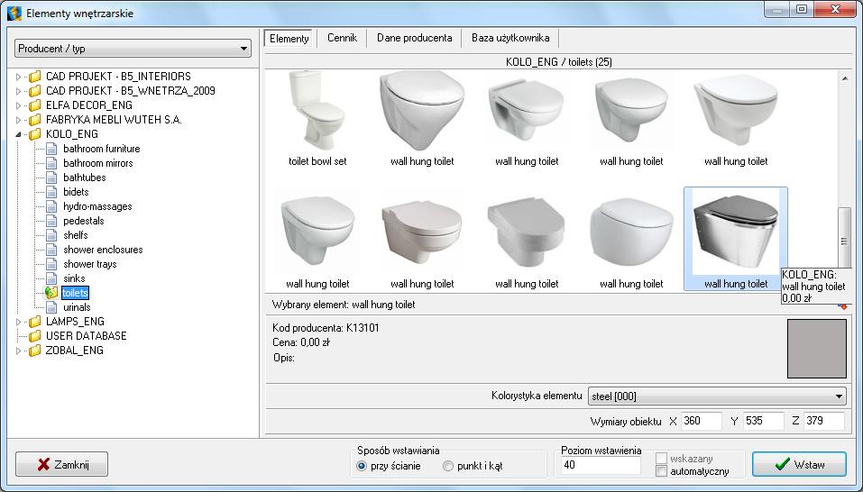 ROZDZIAŁ 12 Wstawianie elementów wyposażenia wnętrz 1. Uwagi wstępne Program CAD Decor został zaopatrzony w bazy modeli 3D wyposażenia łazienek, pokoi, biur oraz innych pomieszczeń.