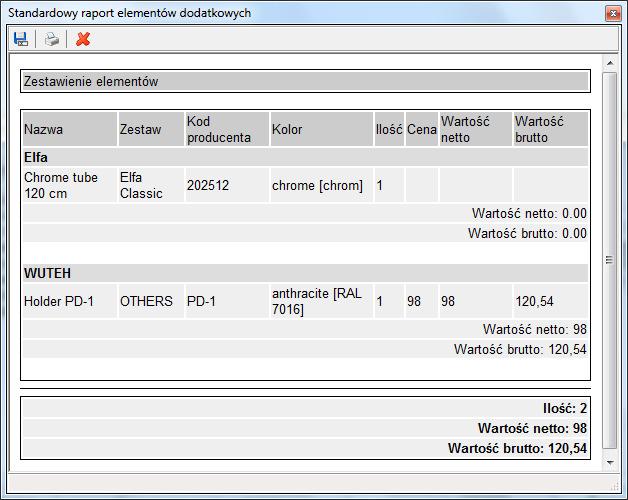 Generacja raportów Zestawienie użytych elementów może zostać wygenerowane w formie raportu, który można