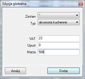 Zmiana danych dla pojedynczego elementu cennika (edycja indywidualna) polega na zaznaczeniu go, kliknięciu na przycisk Edycja, zaktualizowaniu ceny, VAT-u, upustu lub marży, i zatwierdzeniu zmian